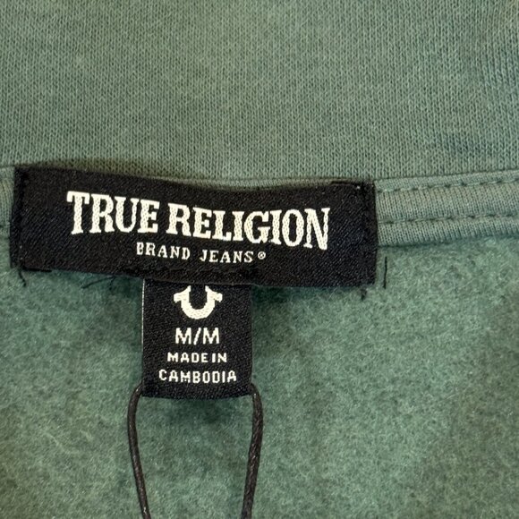 True Religion Men's Collared Patch Fleece Varsity Jacket Medium Green Black NWT - Picture 5 of 15